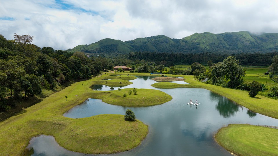 Aerial view of Gudlu Resorts lake, Chikmagalur